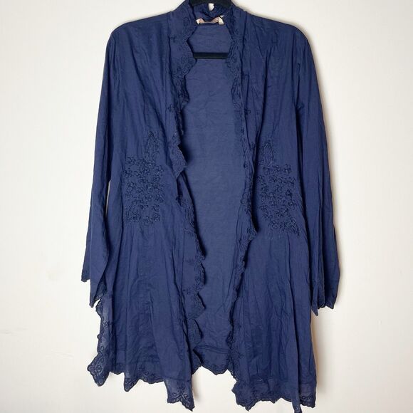 Soft Surrounding Navy Blue Open Front Embroidered Floral Cardigan Large 205 - Picture 1 of 8